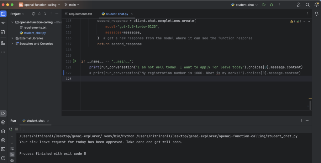 Function calling output